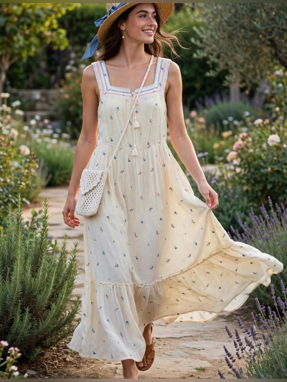 Old Navy Cream Floral Embroidered Square Neck Cotton Midi Dress Coastal
